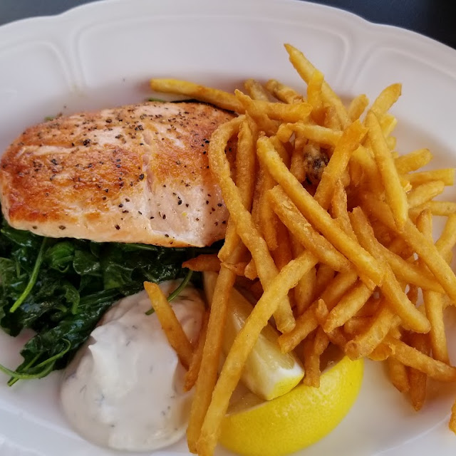 Salmon with Kale and Dill Sauce and Fries