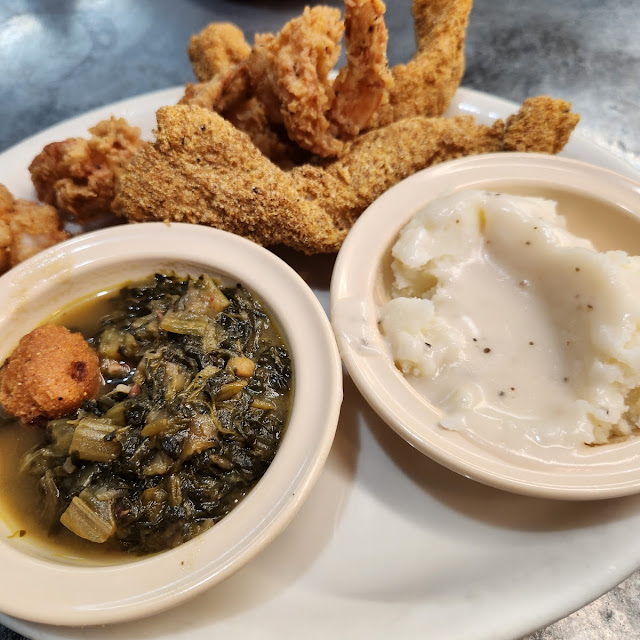 Fried Fish and Shrimp with Turnip Greens and Mashed Potatoes with Gravy