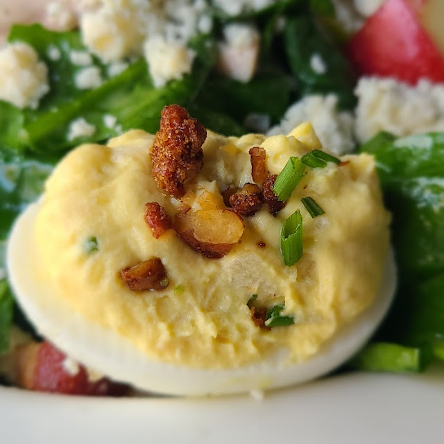 Deviled Eggs with Spiced Pecans & Sugar Cured Bacon