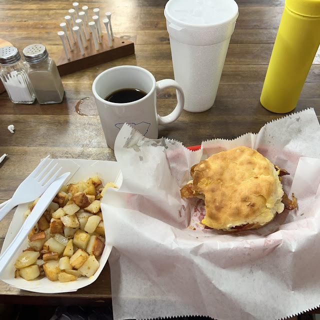 Bacon Biscuit Homefries w Onions and Coffee
