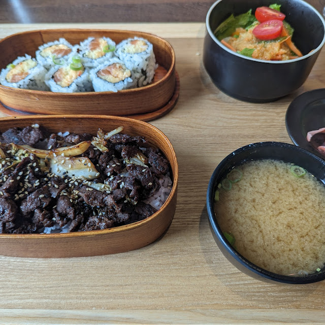 Bento Box Bulgogi Beef and Spicy Salmon Roll