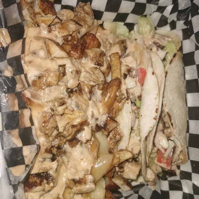 Jerk Poutine Left and Jerk Tacos Right
