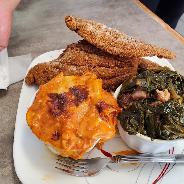 Catfish Mostaccioli and Collard Greens