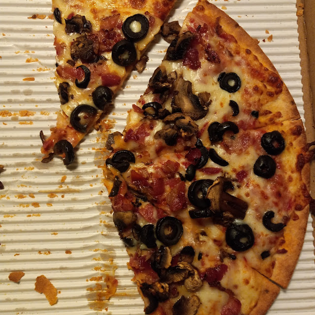 Medium Thin Crust Pizza with Bacon Black Olives and Fresh Mushrooms