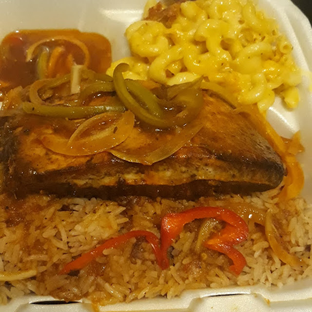 Jerk Salmon Rice and Peas Mac & Cheese