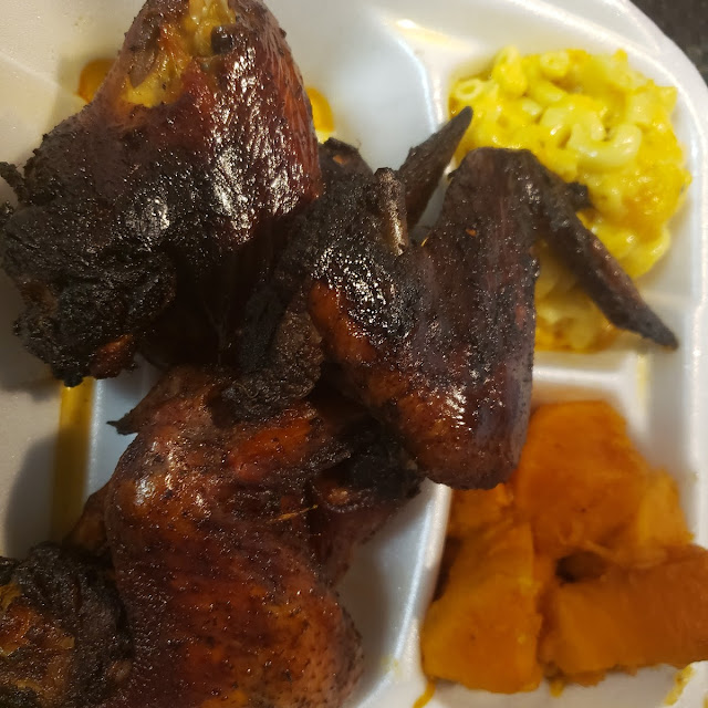 Honey Jerk Wings Yams Macaroni and Cheese