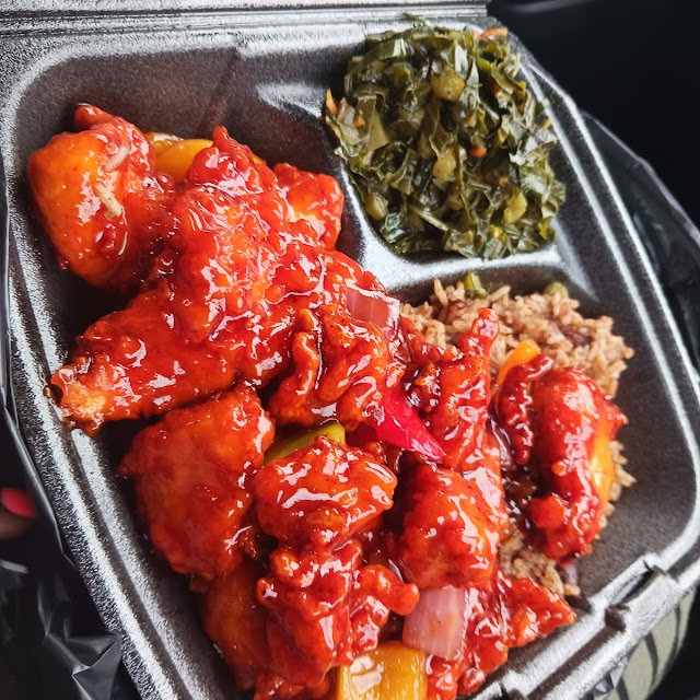 Jerk General TSO Chicken Rice and Peas and Collard Greens