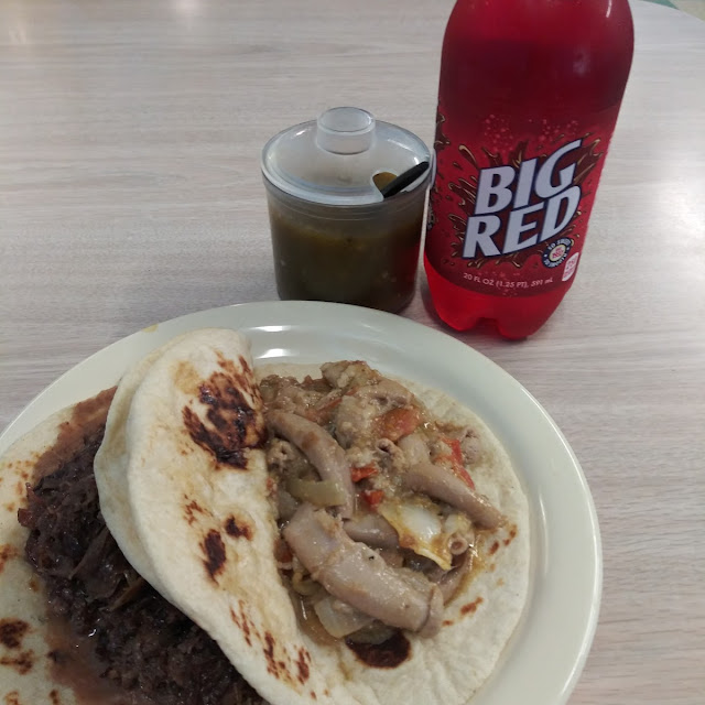 Tripa Taco and Barbacoa Taco with a Big Red