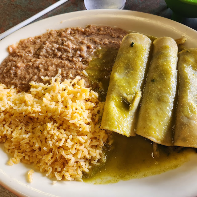 Spinach Enchiladas with Rice and Beans