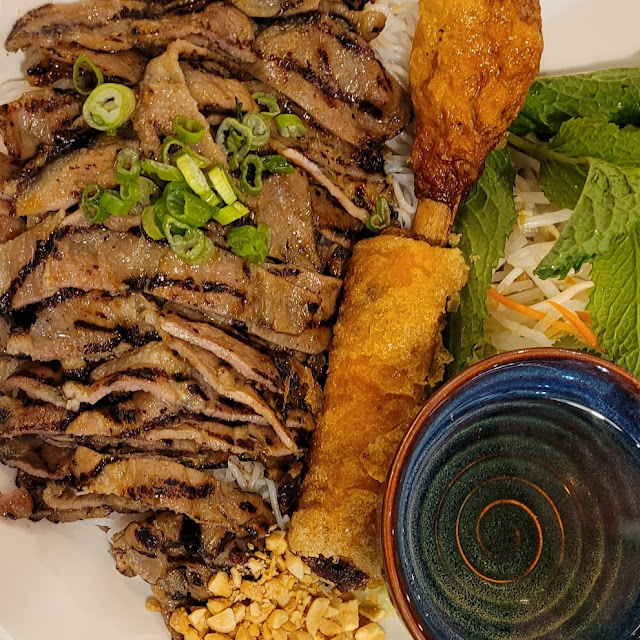 Grilled Pork Spring Roll & Shrimp on Sugarcane with Vermicelli Noodles Served with Peanuts