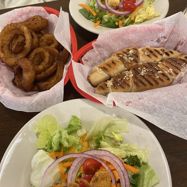 Salad Garlic Bread Onion Rings