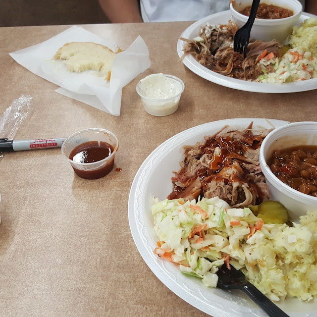 Pulled Pork Plate with Baked Beans Coleslaw Potato Salad Sourdough Bread and Dessert
