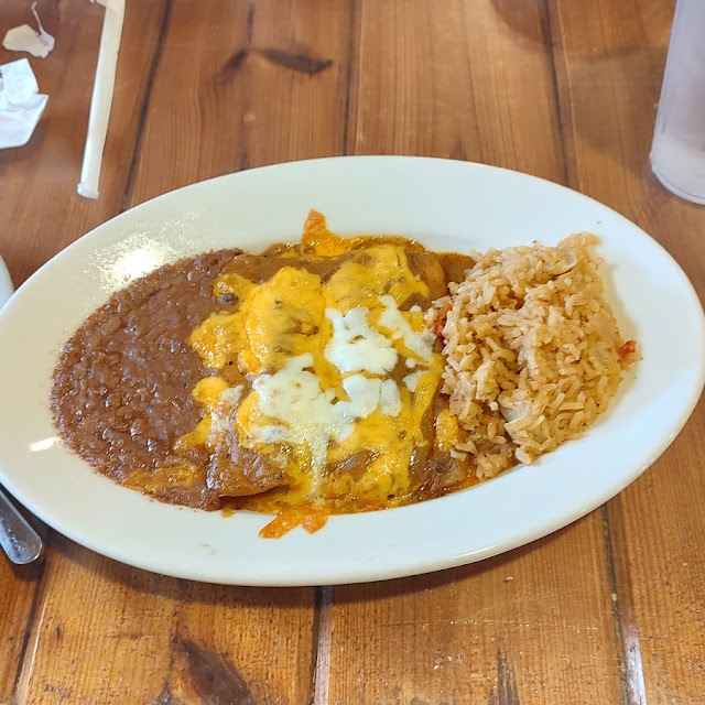 Beef Enchiladas Refried Beans and Rice