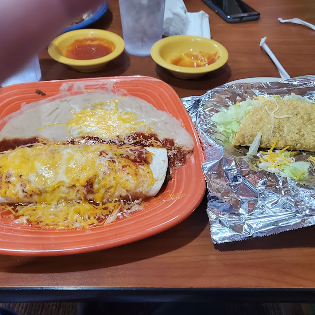 7 Beef Burrito with Red Sauce Refried Beans and a Beef Tacos