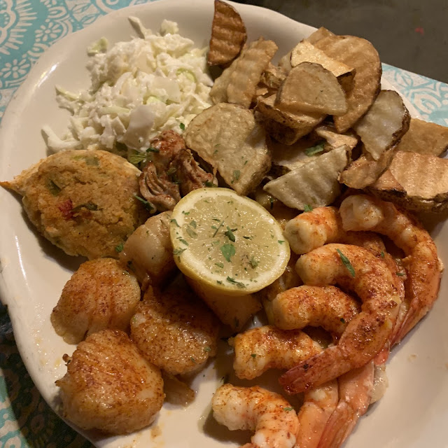 Seafood Platter Flounder Shrimps Scallops Oysters and Deviled Crab