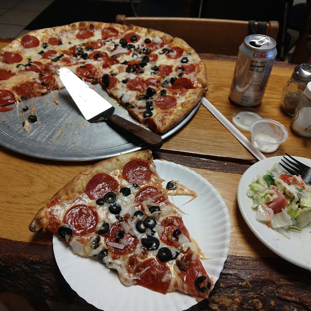 Large Pepperoni Onion Black Olive and Bacon with Side Salad