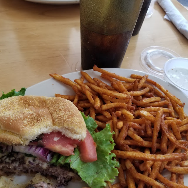 Mushroom Swiss Burger and Buffalo Fries