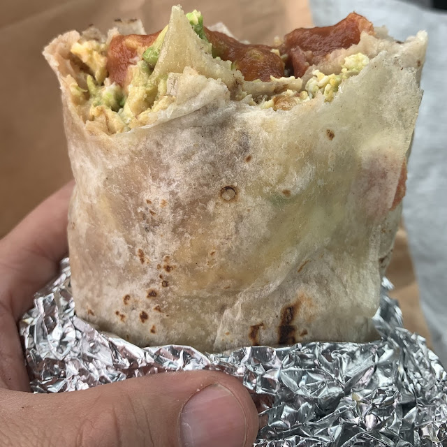 Bacon Egg Beans Rice and Cheese Breakfast Burrito
