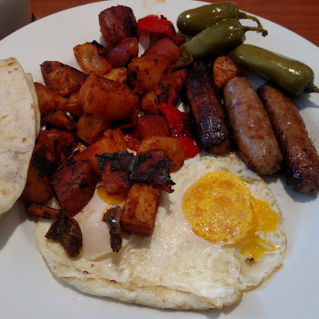 Eggs Bacon Sausage Links Country Potatoes Flour Tortillas and Jalapenos