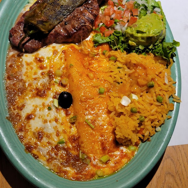 Carne Asada with Cheese Enchilada Rice and Beans