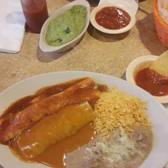 Beef Burrito with Mexican Rice and Refried Beans