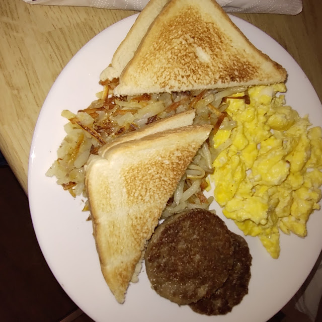 Scrambled Eggs Toast Hash Browns and Sausage