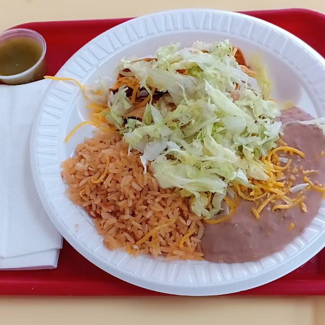 3 x2 Shredded Beef Tacos w Rice and Refried Beans