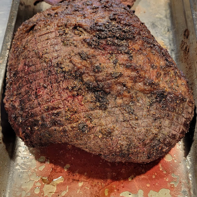 House Roasted Top Round Roast Beef Crusted with Garlic Rosemary Sea Salt and Cracked Black Pepper