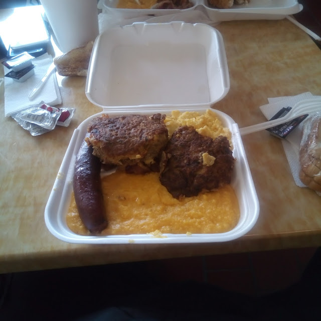 Salmon Croquettes Eggs Sausage and Cheese Grits