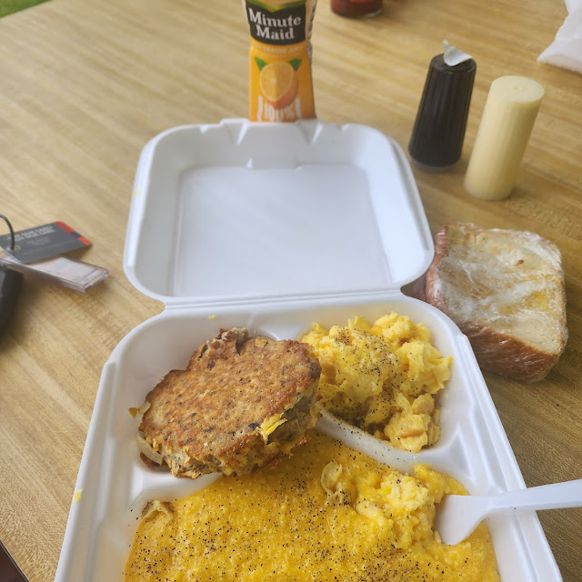 Salmon Croquettes Eggs and Cheese Grits