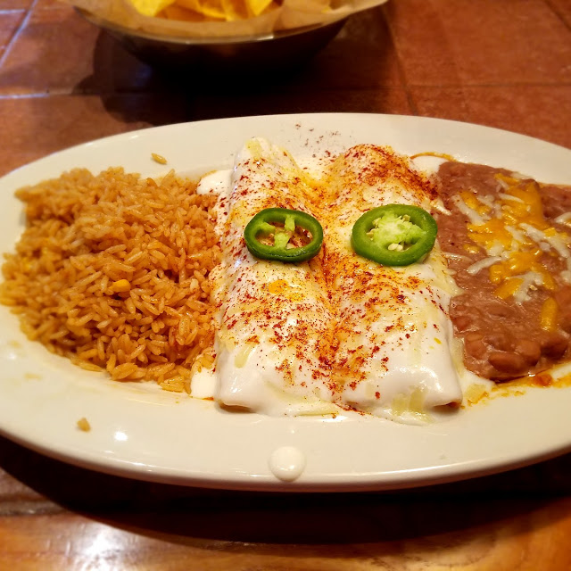 Chicken Enchiladas with Rice and Refried Beans