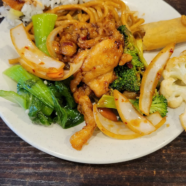 Sushi Chow Mein Mongolian Chicken and Baby Bok Choy
