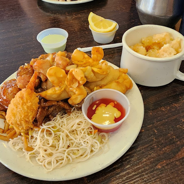 Fried Shrimp Sweet N Sour Sauce with Hot Mustard Vegetarian Chow Mein Chesepuffs
