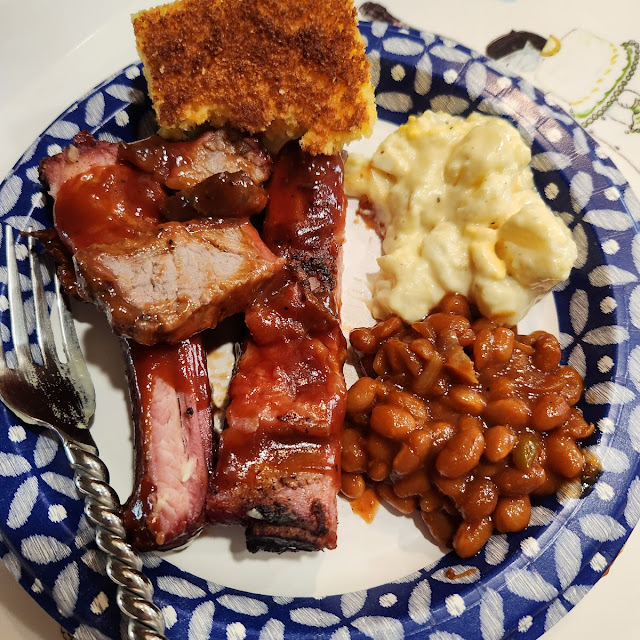 Ribs Tri Tip Beans Potato Salad and Corn Bread Delish