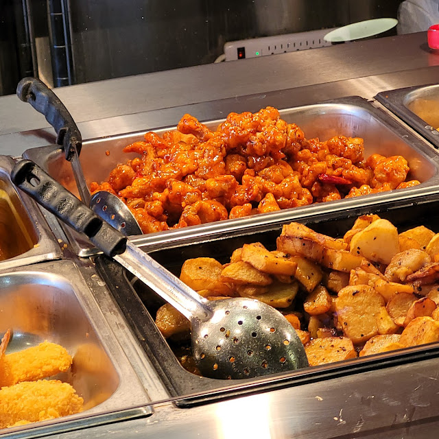Beef and Broccoli on Top Pepper Chicken Below Spicy Chicken Top Right Cajun Shrimp Bottom Right