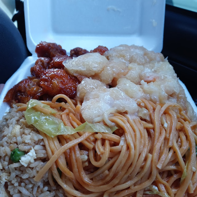 Half Chow Mein Half Fried Rice with Orange Chicken and Black Pepper Chicken