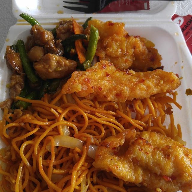 Chow Mein with Green Bean Chicken and Spicy Fish
