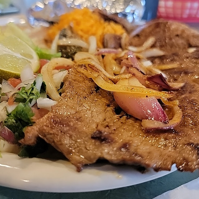 Carne Asada with Onion and Refried Beans