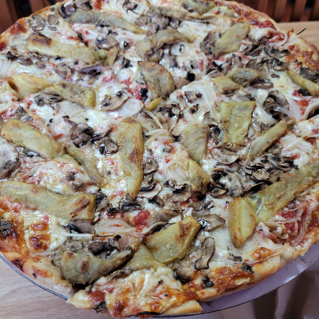 Eggplant Onion and Mushroom Pizza