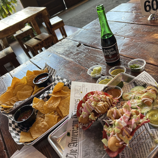 Pink Fish Tacos with an Order of Chips and Salsa