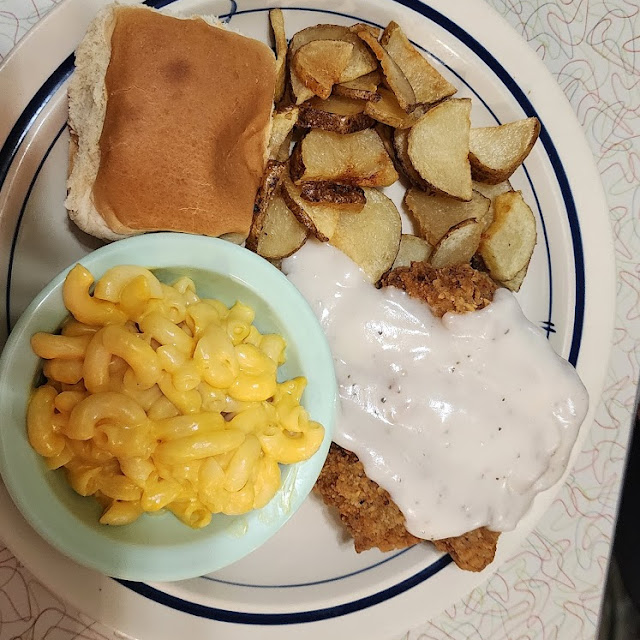 Country Fried Steak with Mac and Cheese and Home Fries