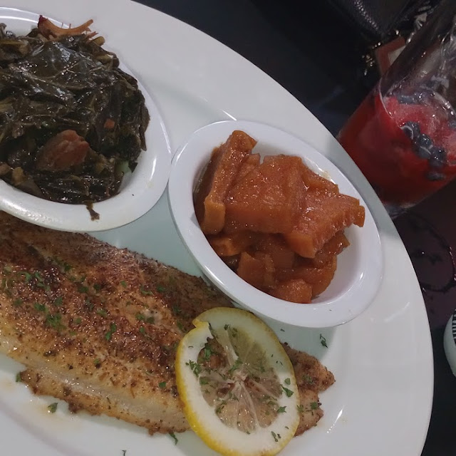 Blackened Catfish Collard Greens Candied Yams and Red Velvet Drink