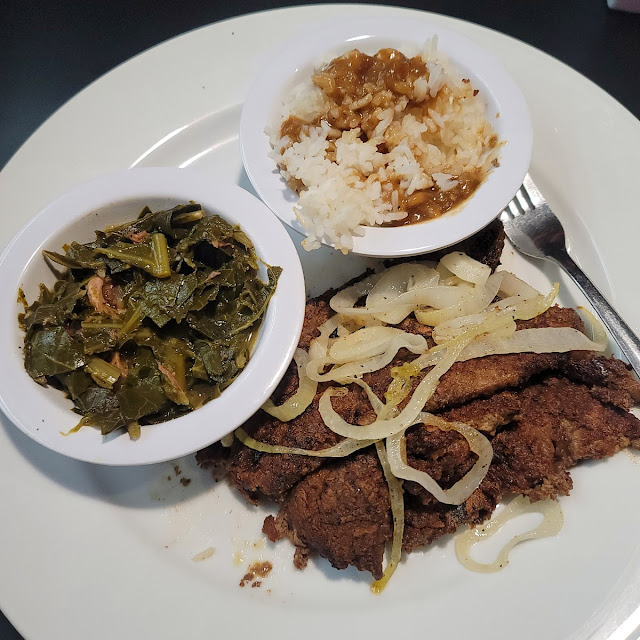 Liver and Onions with Collard Greens and Rice