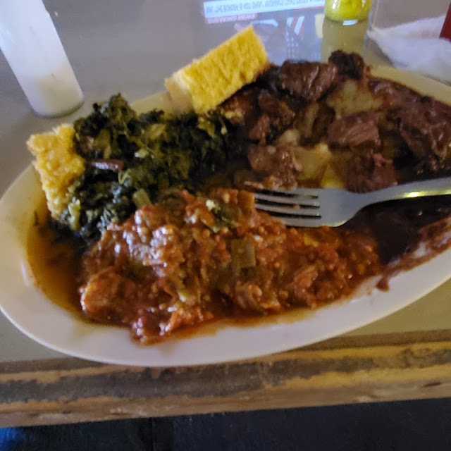 Beef Tips Okra & Tomato and Mustard Greens with Cornbread