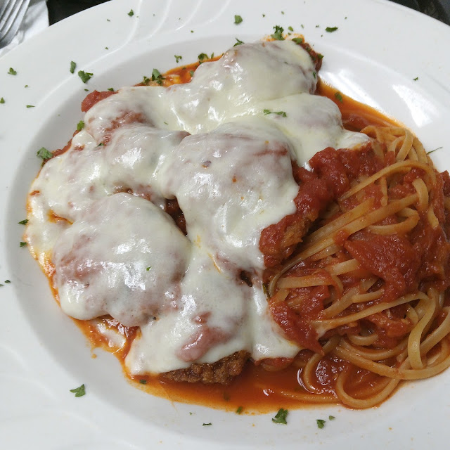Shrimp Parmesan over Linguine with Red Sauce