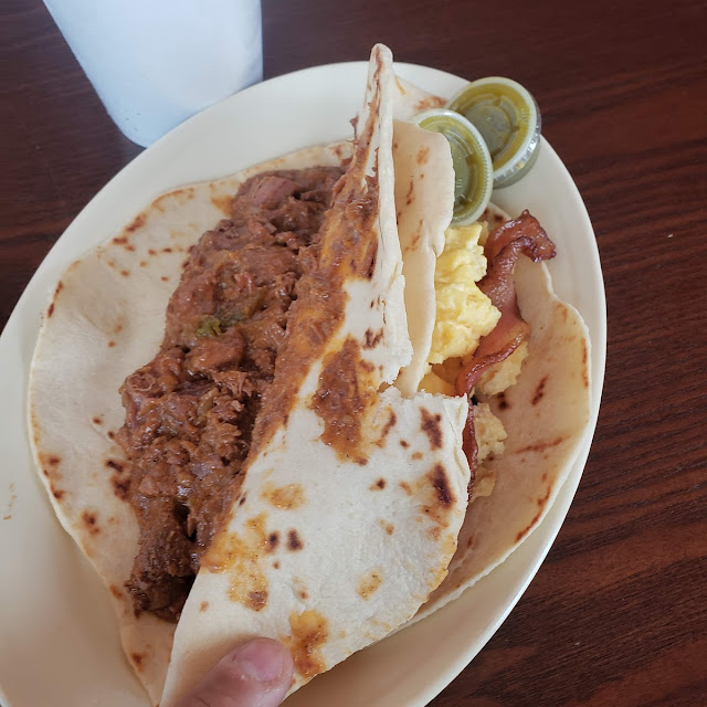 Carne Guisada and Bacon Egg Tacos