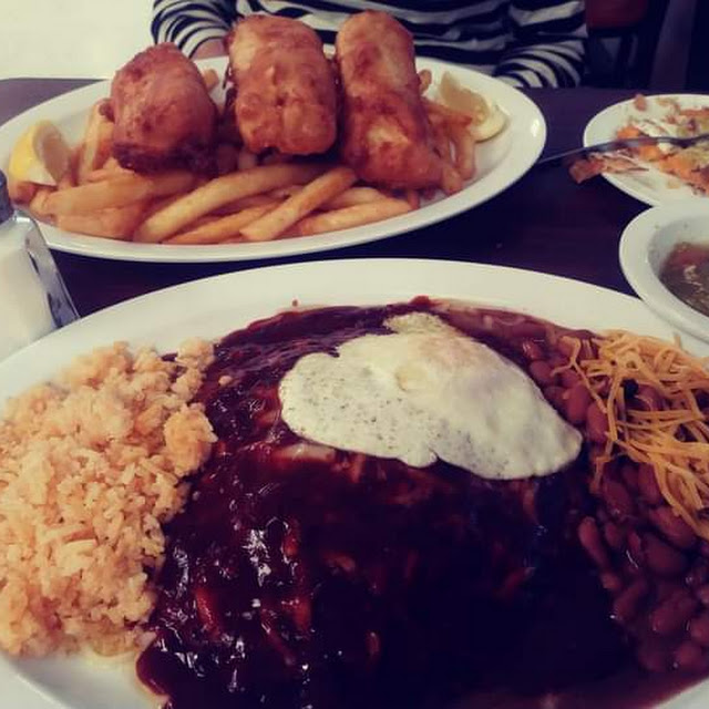 Fish and Chips and Stacked Cheese Enchiladas