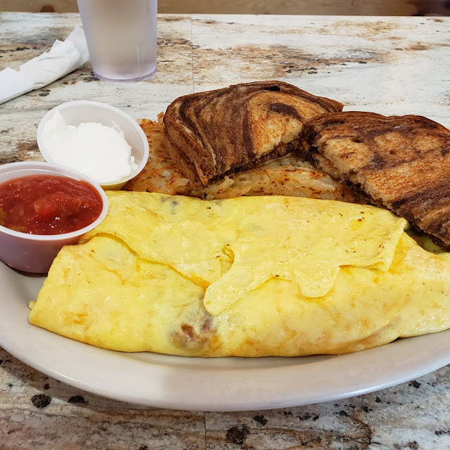 Mexican Omelet with Hash Browns and Marble Rye Toast