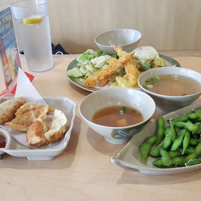 Fried Won Ton Meso Soup Tempura Dish and Green Beans