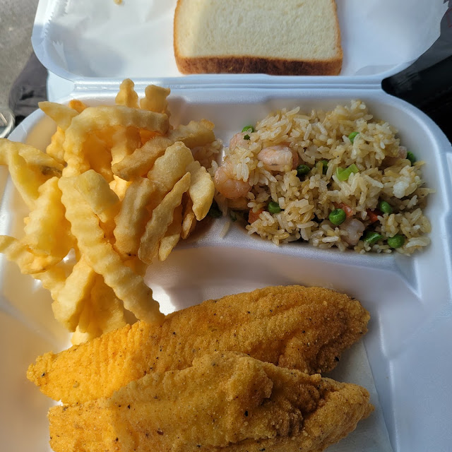 2 Piece Catfish Fillet with French Fries and Shrimp Fried Rice